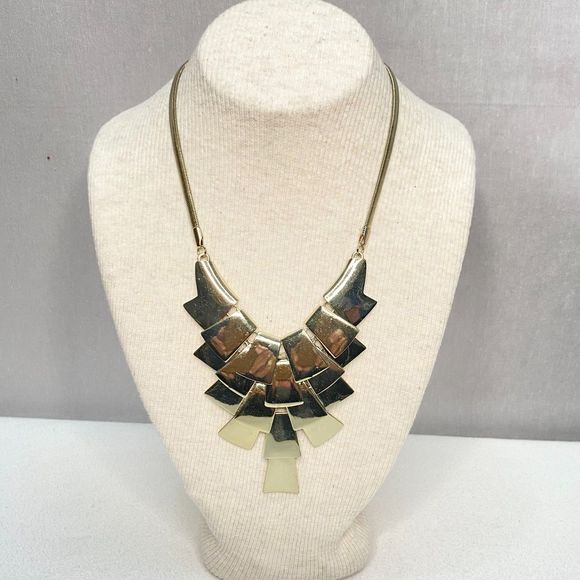 Bib Necklace Gold Tone Brutalist Tiered Plates - Picture 1 of 8